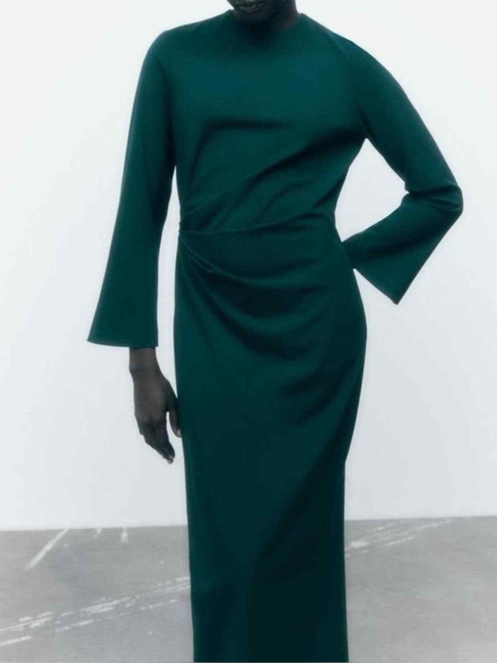 Zara crepe waist midi dark green dress